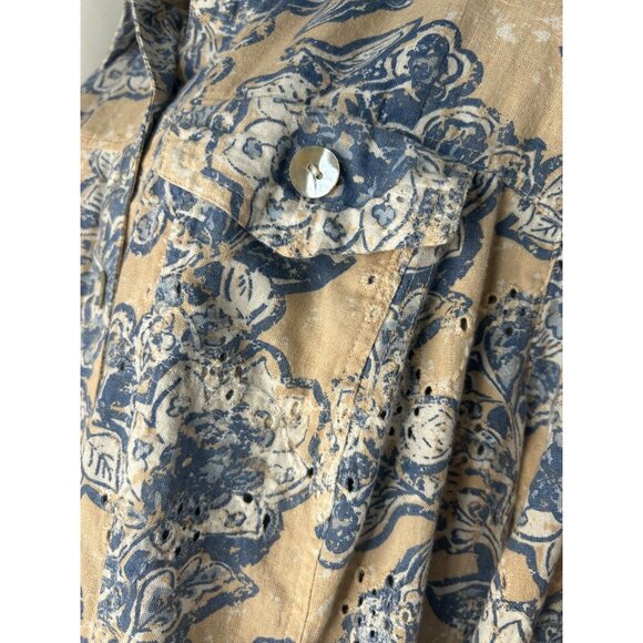 Ruby Rd. Petite 16W Floral Button-Up Shirt Blue & Beige Cotton/Flax - Picture 14 of 15